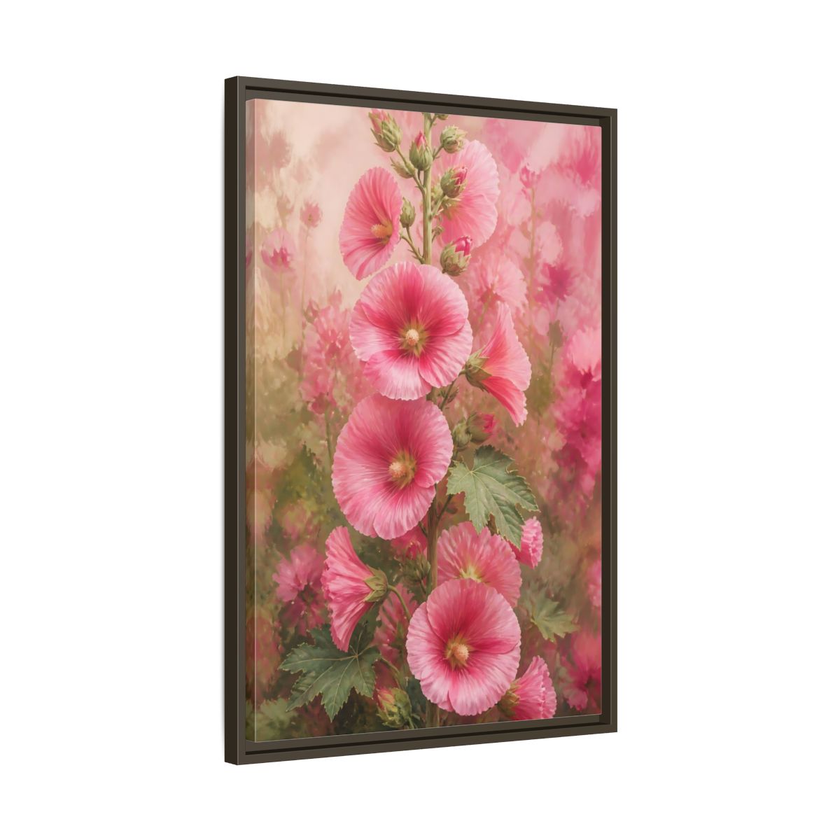 Side Mockup 11. Floral Pink Hollyhock Stem shown as framed canvas print