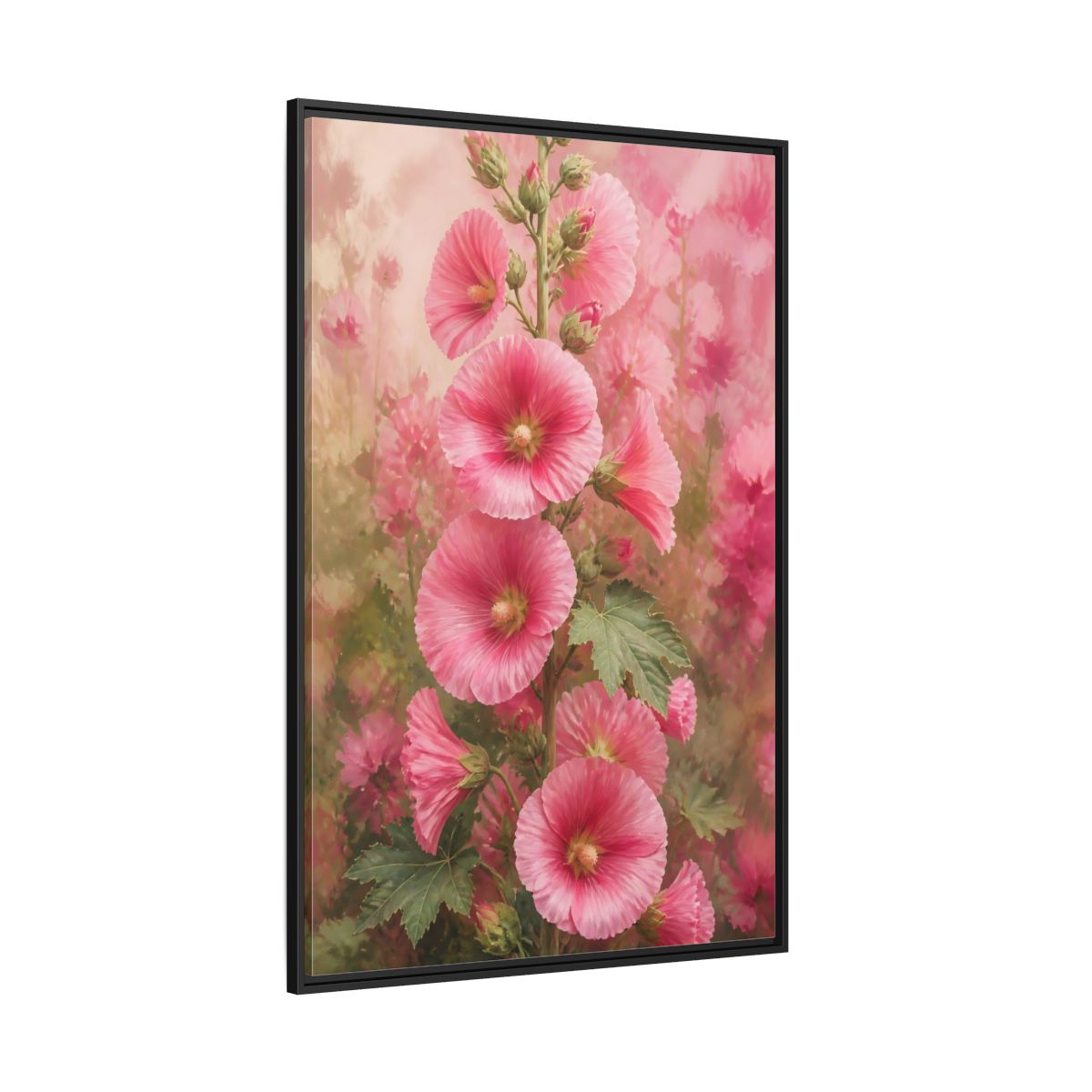 Side Mockup 12. Floral Pink Hollyhock Stem shown as framed canvas print