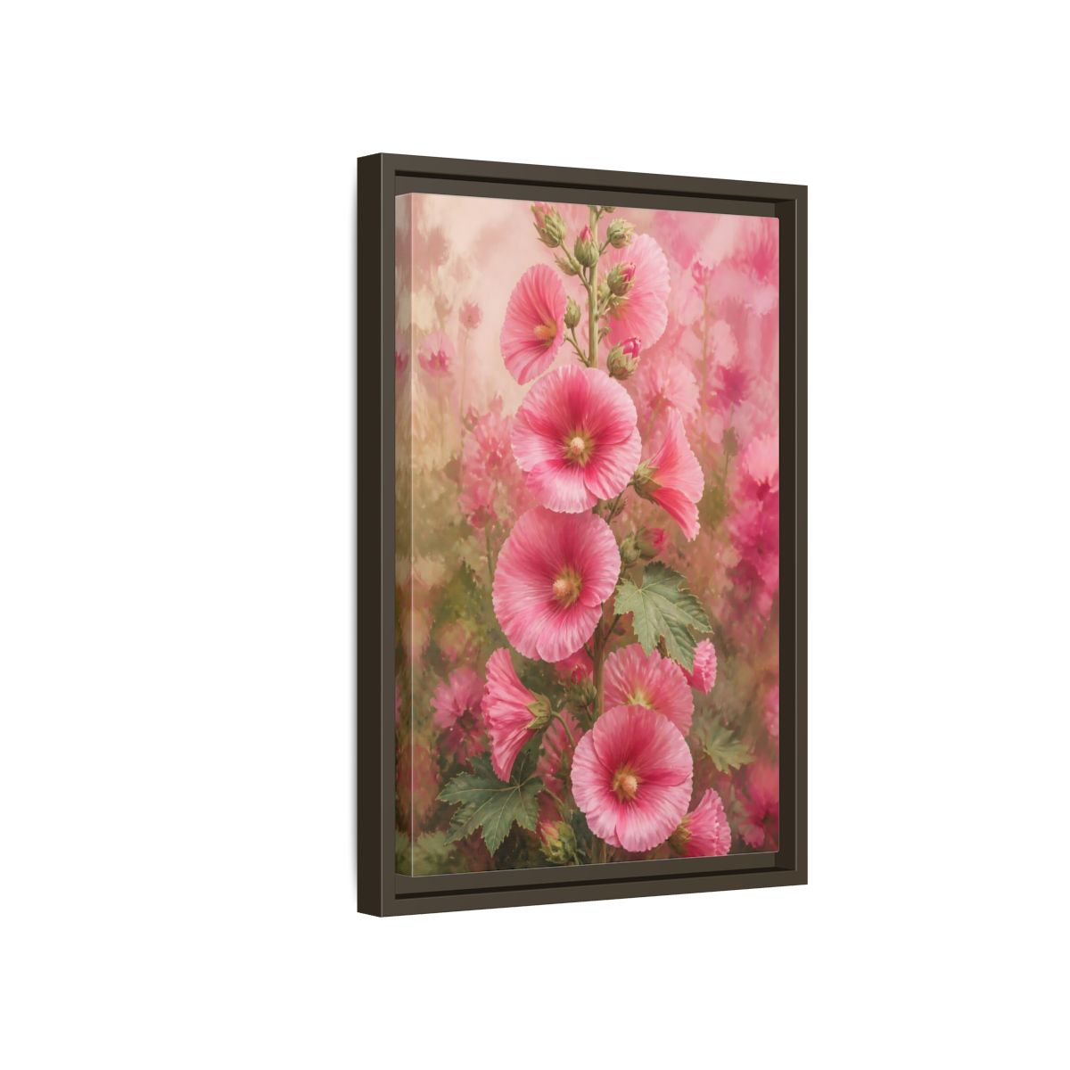 Side Mockup 5. Floral Pink Hollyhock Stem shown as framed canvas print