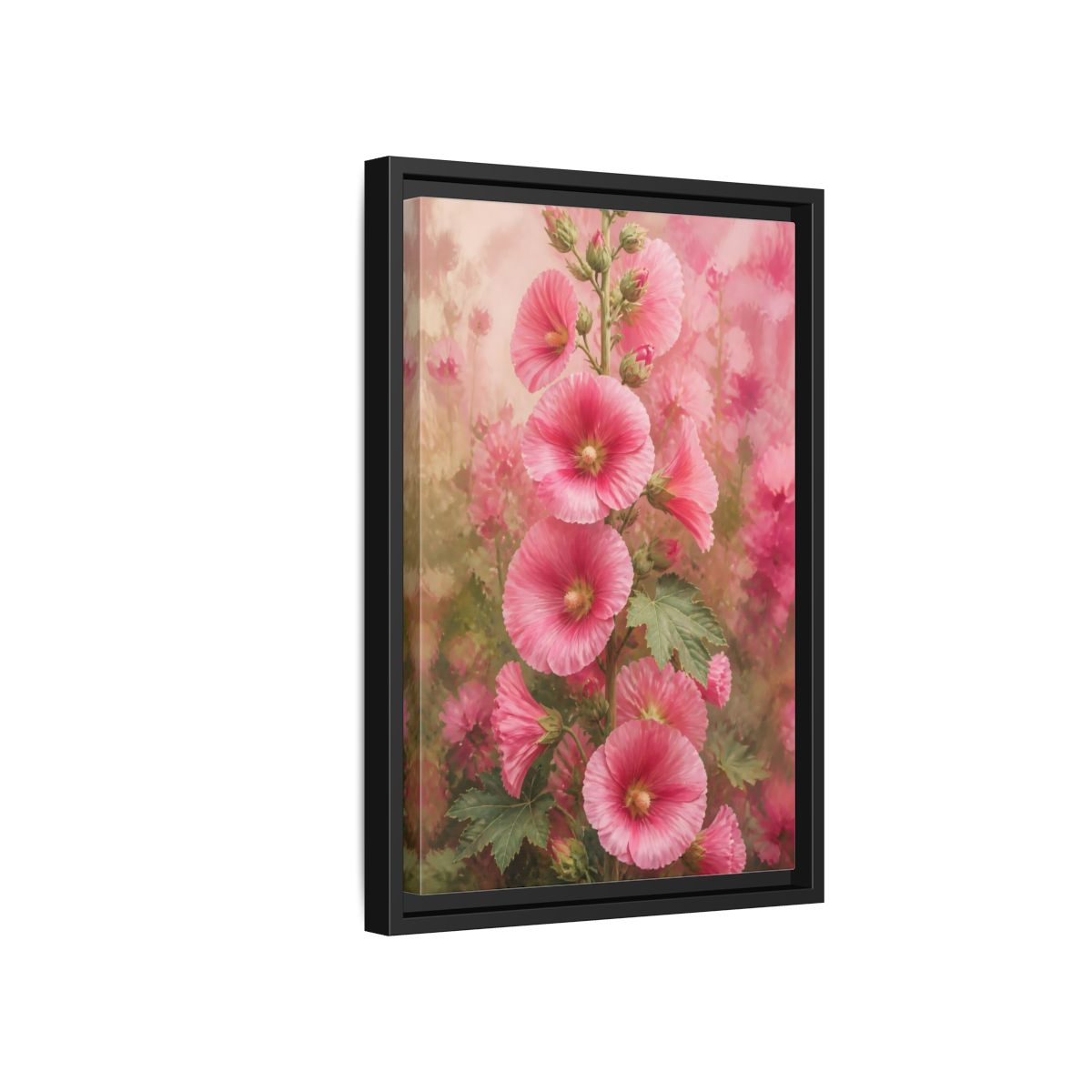 Side Mockup 6. Floral Pink Hollyhock Stem shown as framed canvas print