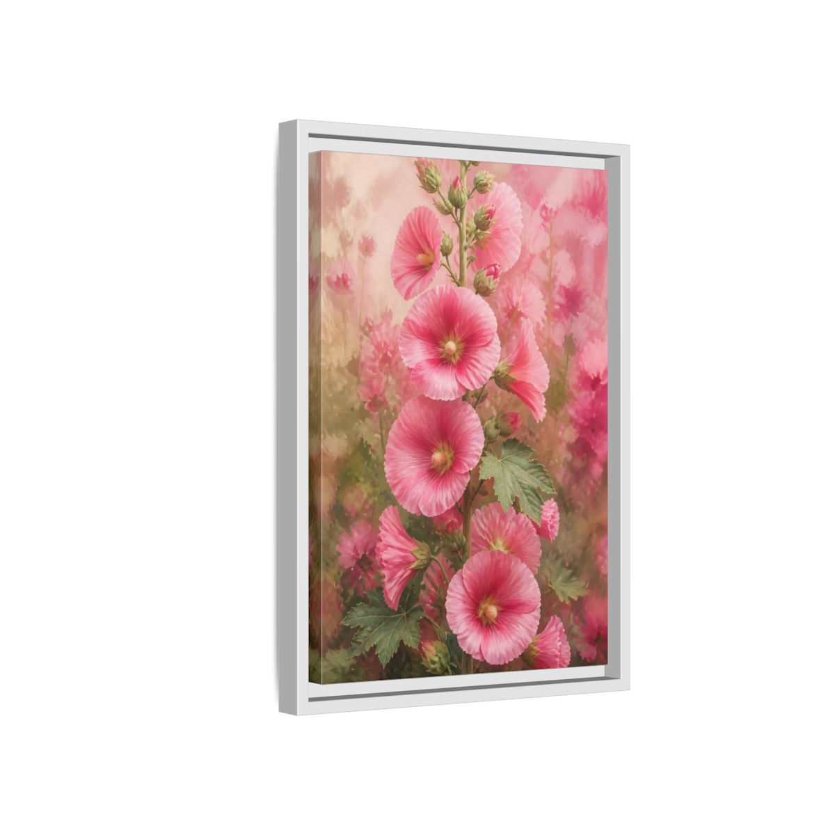 Side Mockup 4. Floral Pink Hollyhock Stem shown as framed canvas print