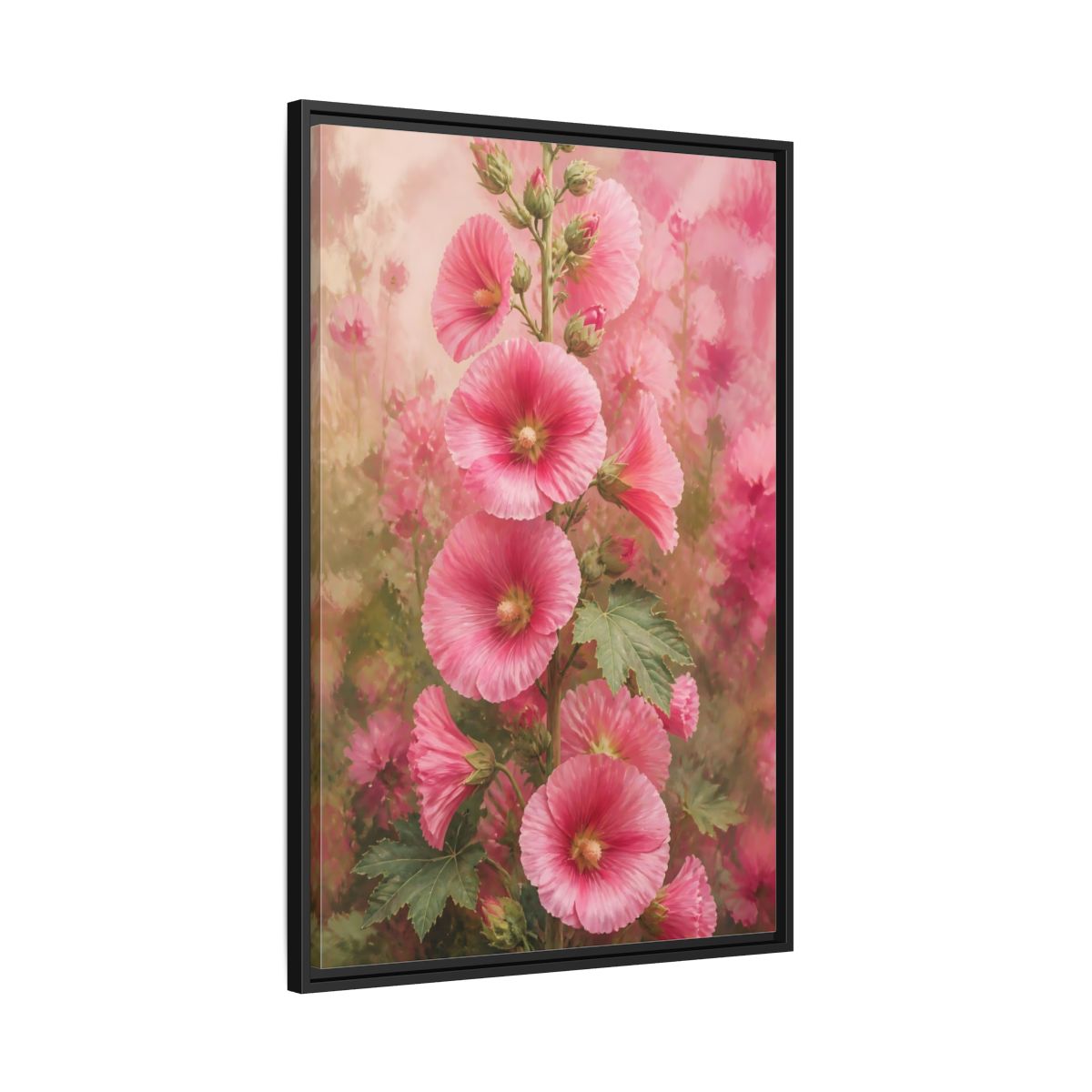 Side Mockup 13. Floral Pink Hollyhock Stem shown as framed canvas print