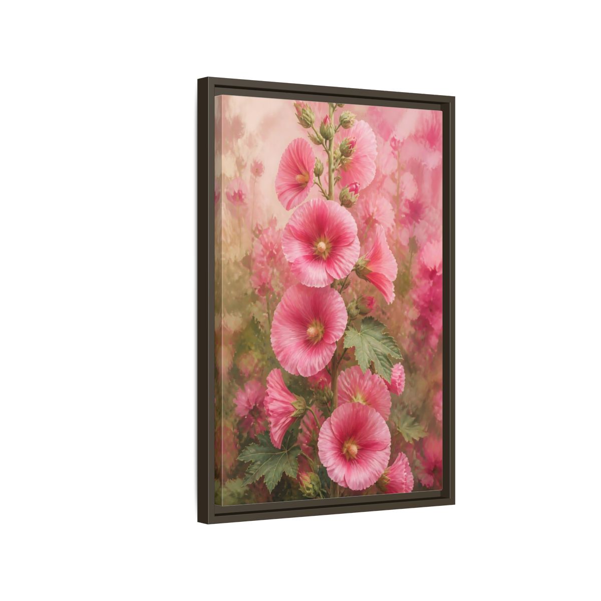 Side Mockup 2. Floral Pink Hollyhock Stem shown as framed canvas print