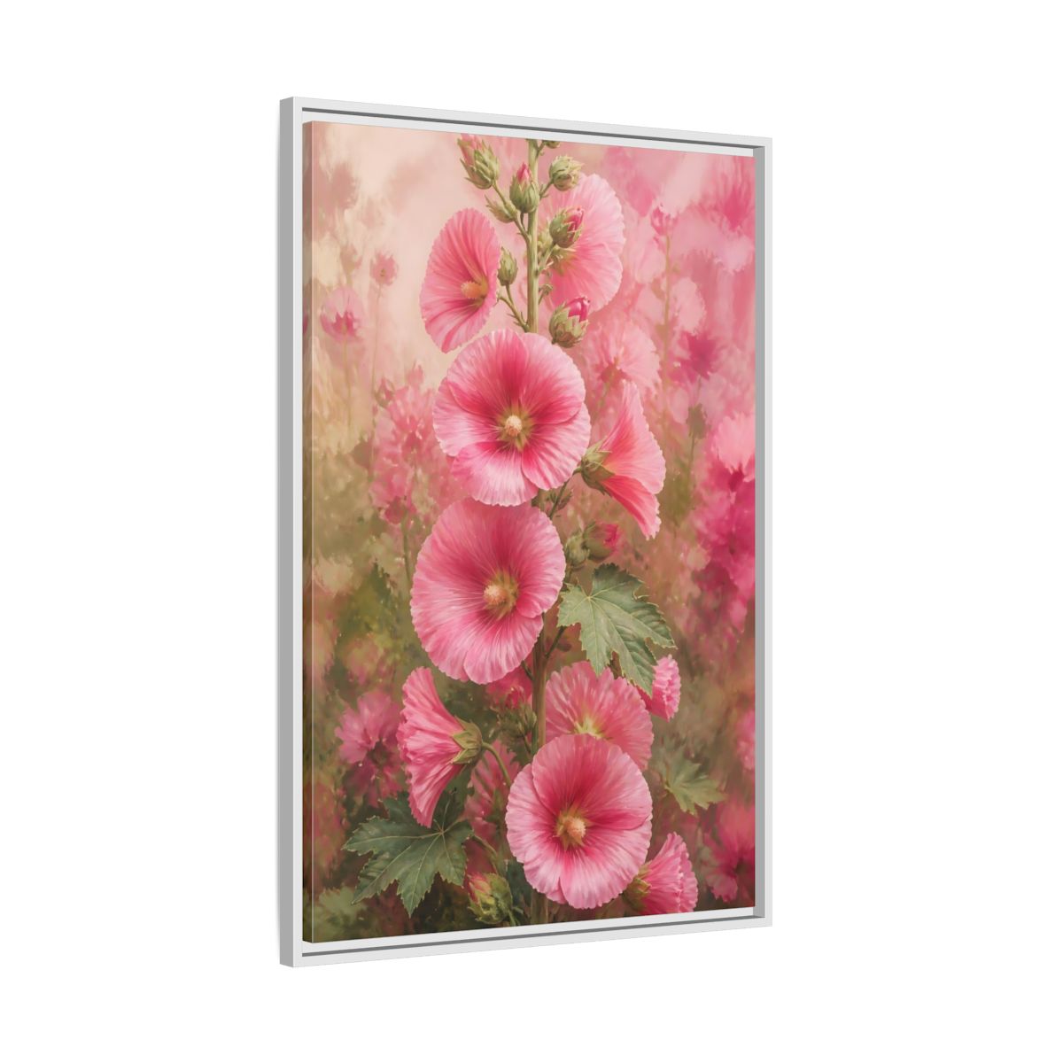 Side Mockup 9. Floral Pink Hollyhock Stem shown as framed canvas print