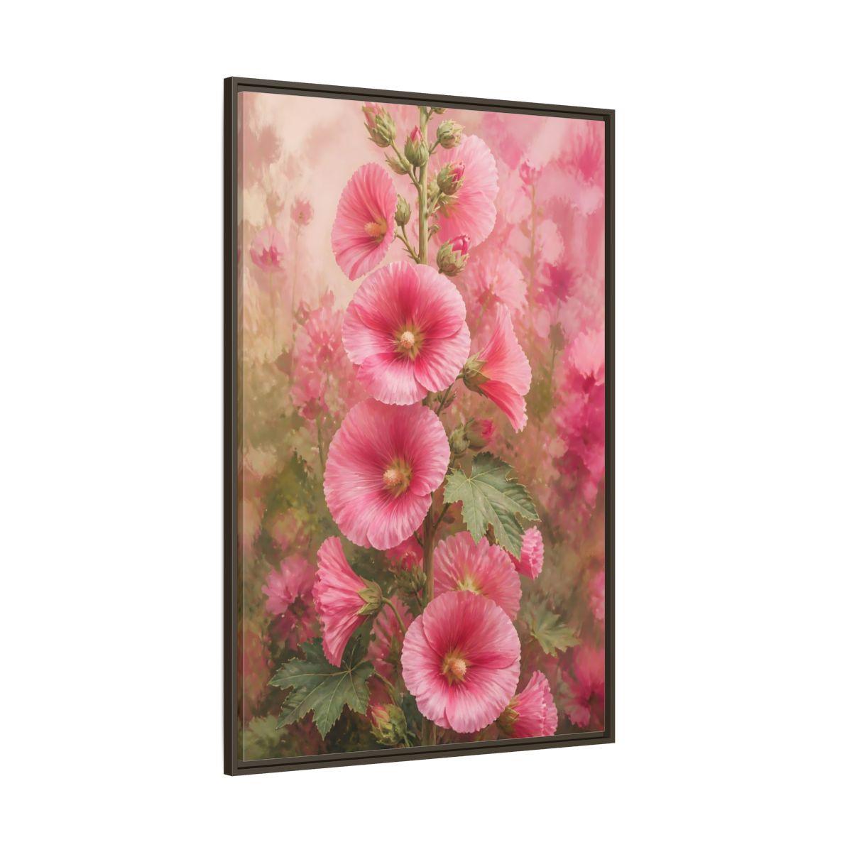 Side Mockup 8. Floral Pink Hollyhock Stem shown as framed canvas print