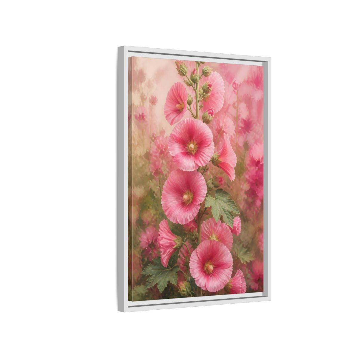 Side Mockup 1. Floral Pink Hollyhock Stem shown as framed canvas print