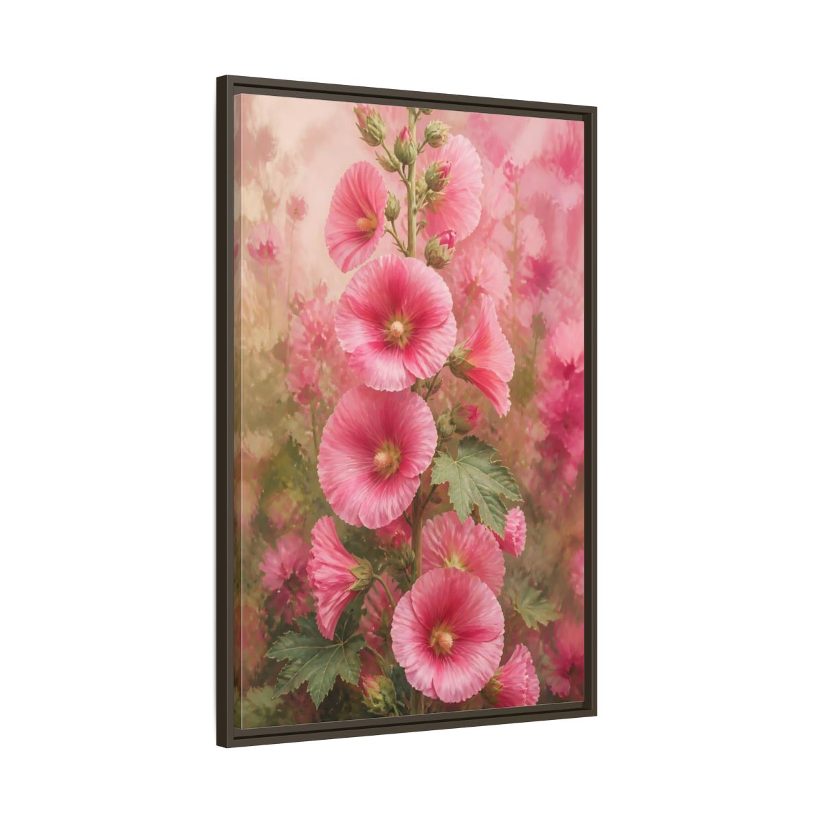 Main Mockup. Floral Pink Hollyhock Stem shown as framed canvas print