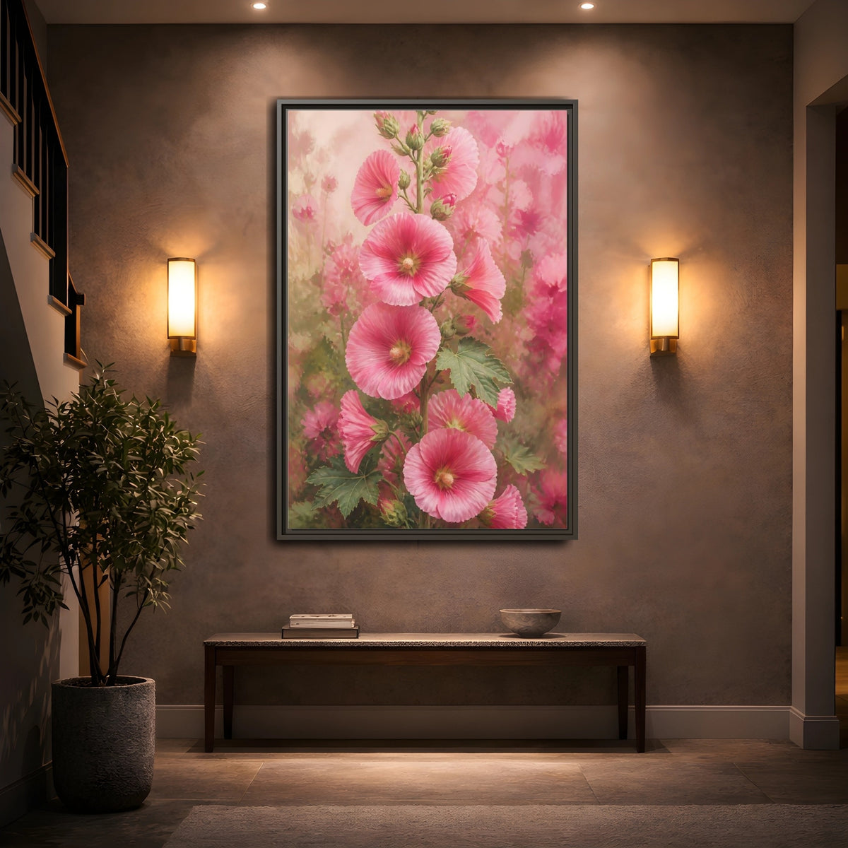 Mockup 2. Floral Pink Hollyhock Stem shown as framed canvas print
