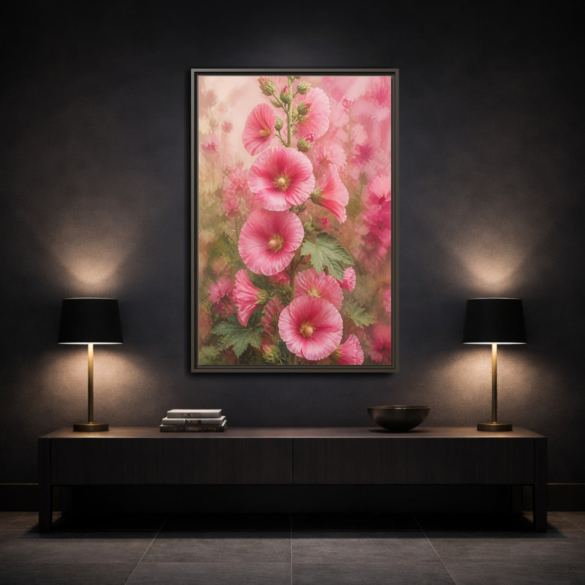 Mockup 3. Floral Pink Hollyhock Stem shown as framed canvas print