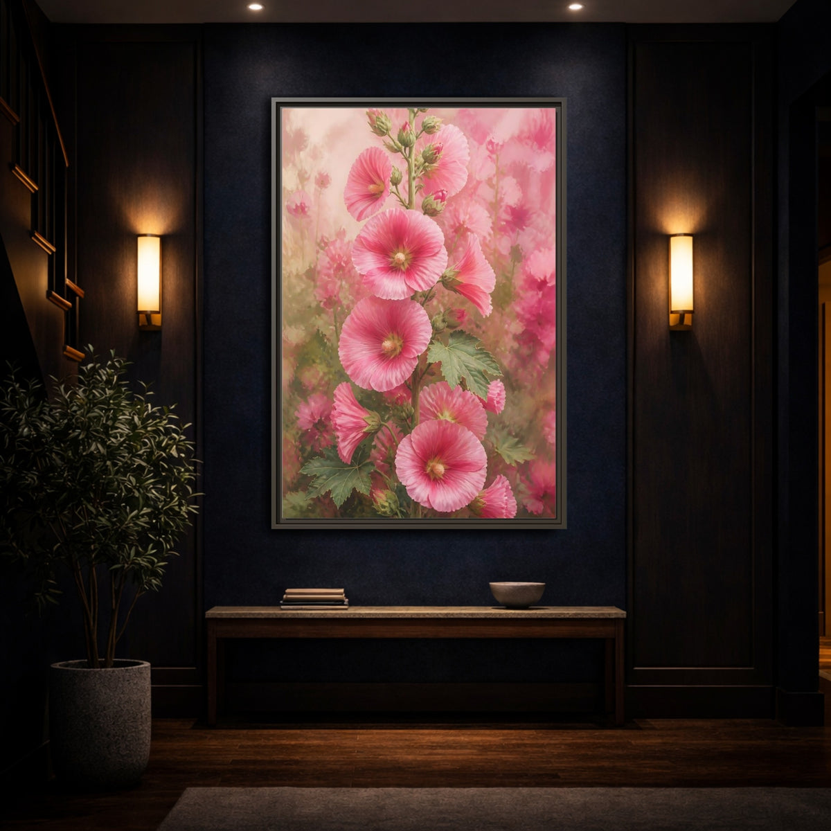 Mockup 4. Floral Pink Hollyhock Stem shown as framed canvas print