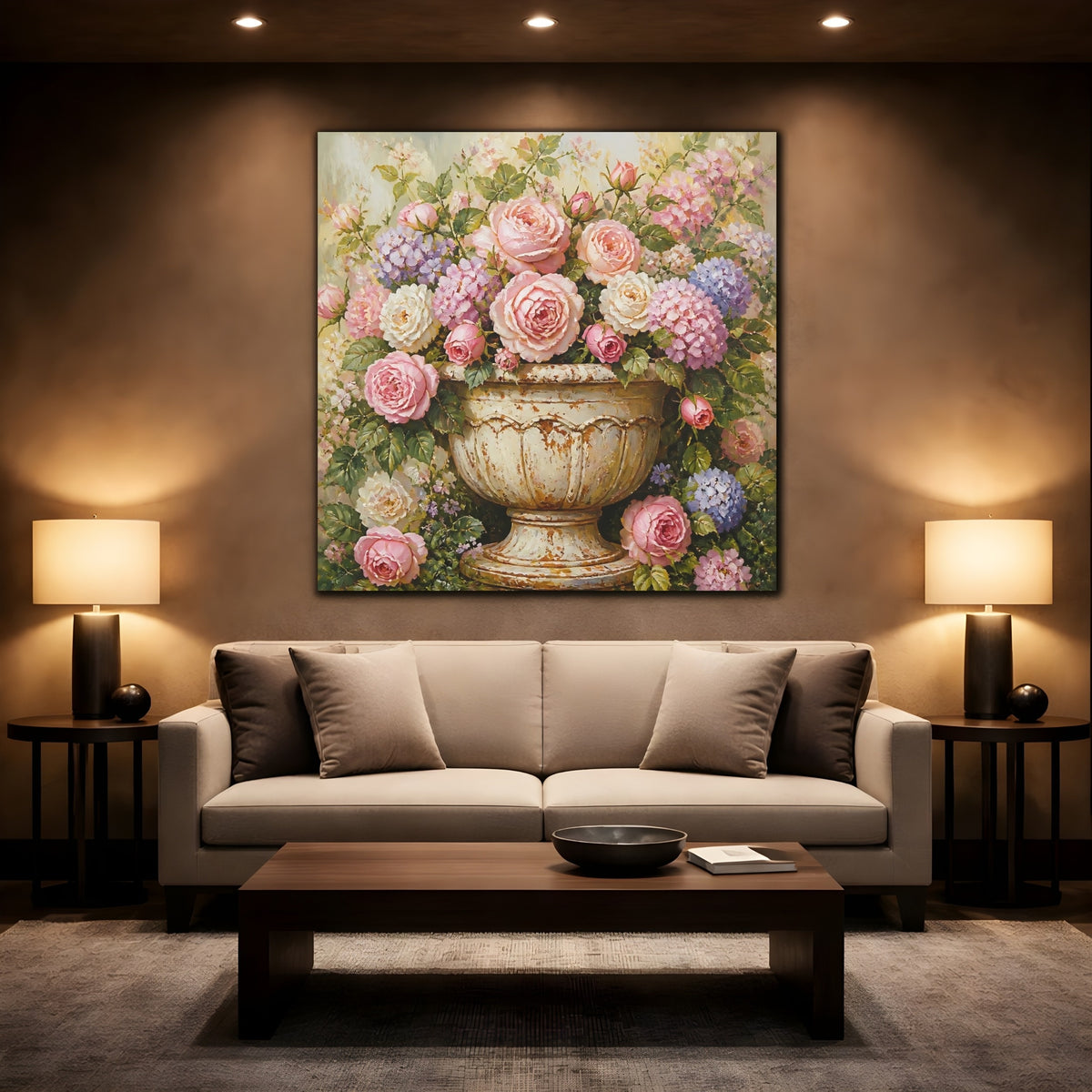 Mockup 2. Floral Pink Rose Urn shown as canvas print