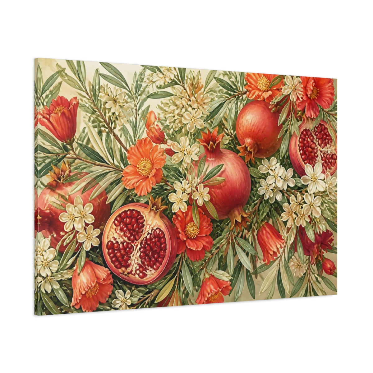 Side Mockup 1. Floral Pomegranate Still Life shown as canvas print