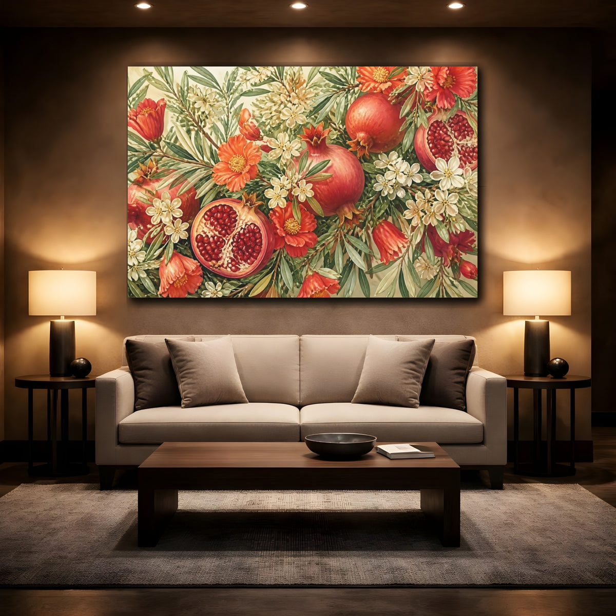 Mockup 2. Floral Pomegranate Still Life shown as canvas print