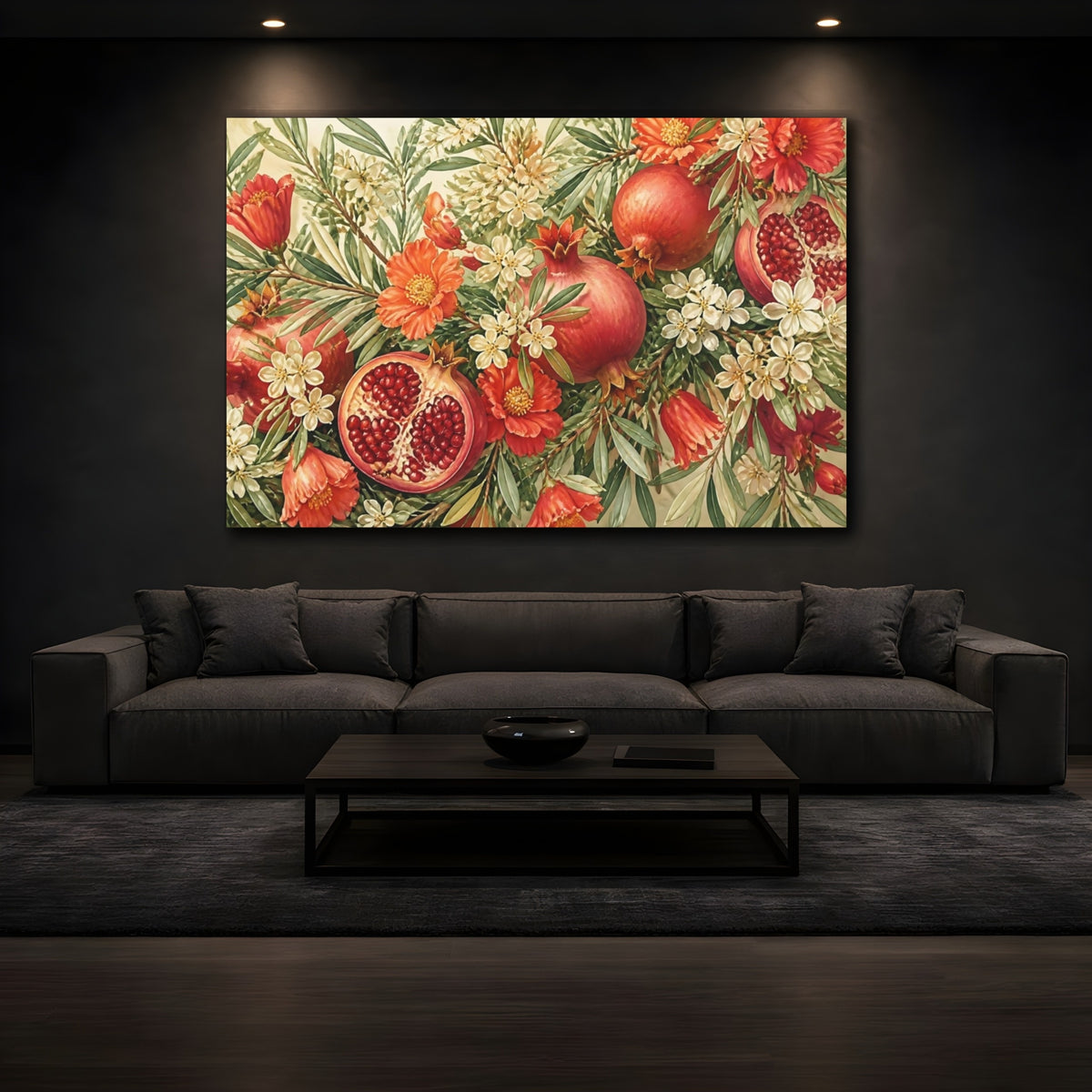 Mockup 3. Floral Pomegranate Still Life shown as canvas print