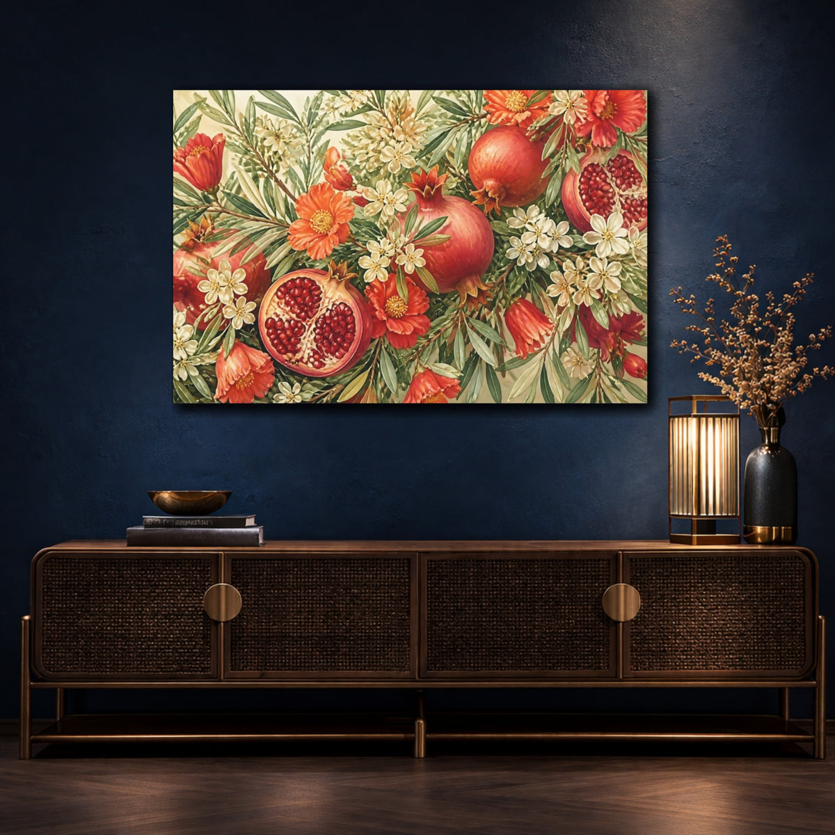 Mockup 4. Floral Pomegranate Still Life shown as canvas print