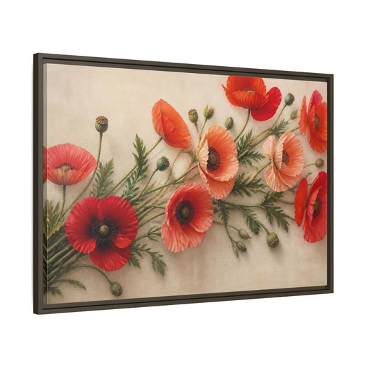 Main Mockup. Floral Poppy Stems shown as framed canvas print