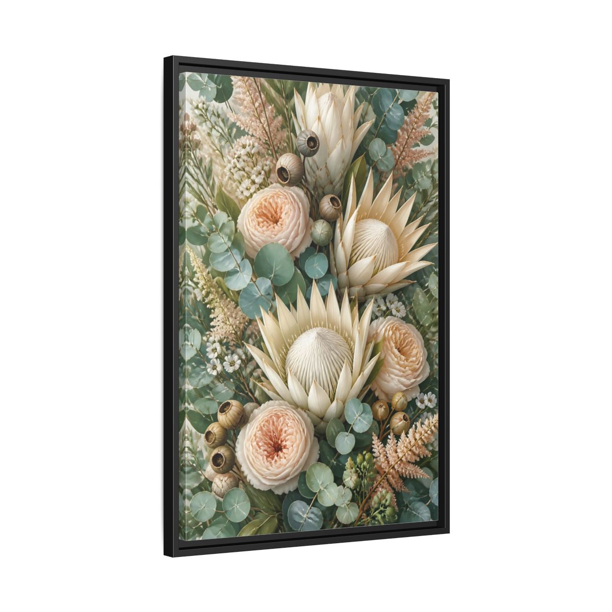 Side Mockup 14. Floral Protea Bouquet shown as framed canvas print