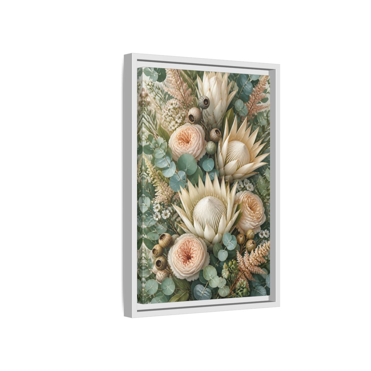 Side Mockup 4. Floral Protea Bouquet shown as framed canvas print