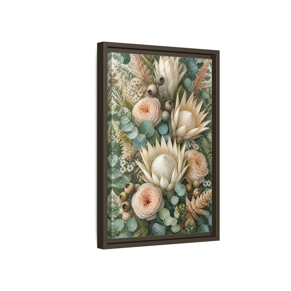 Side Mockup 5. Floral Protea Bouquet shown as framed canvas print