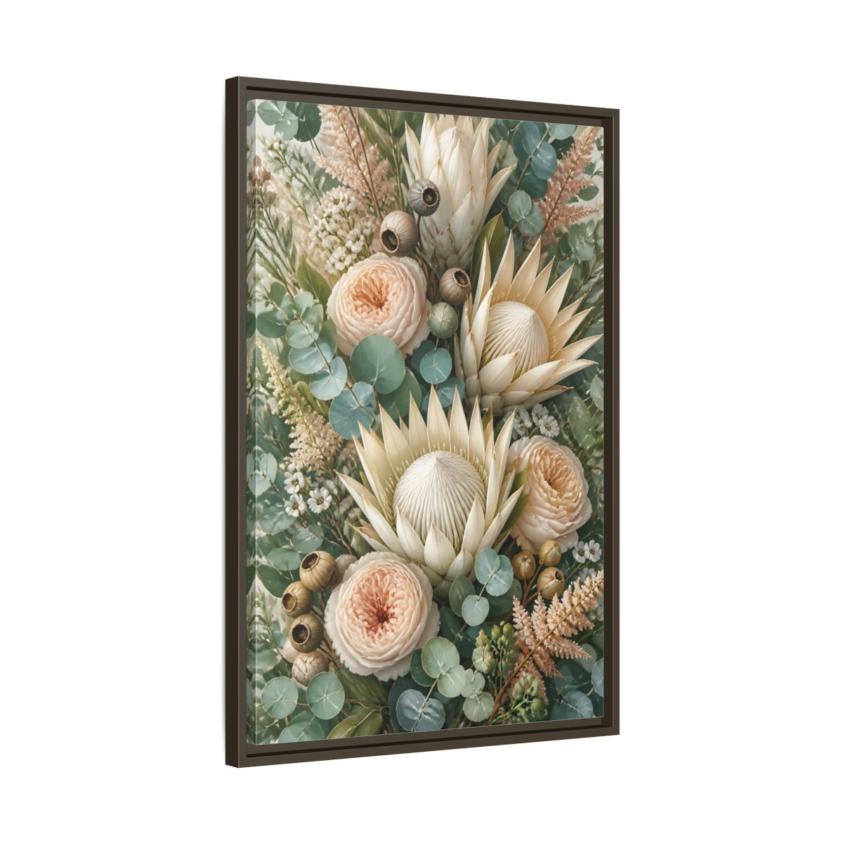 Side Mockup 11. Floral Protea Bouquet shown as framed canvas print