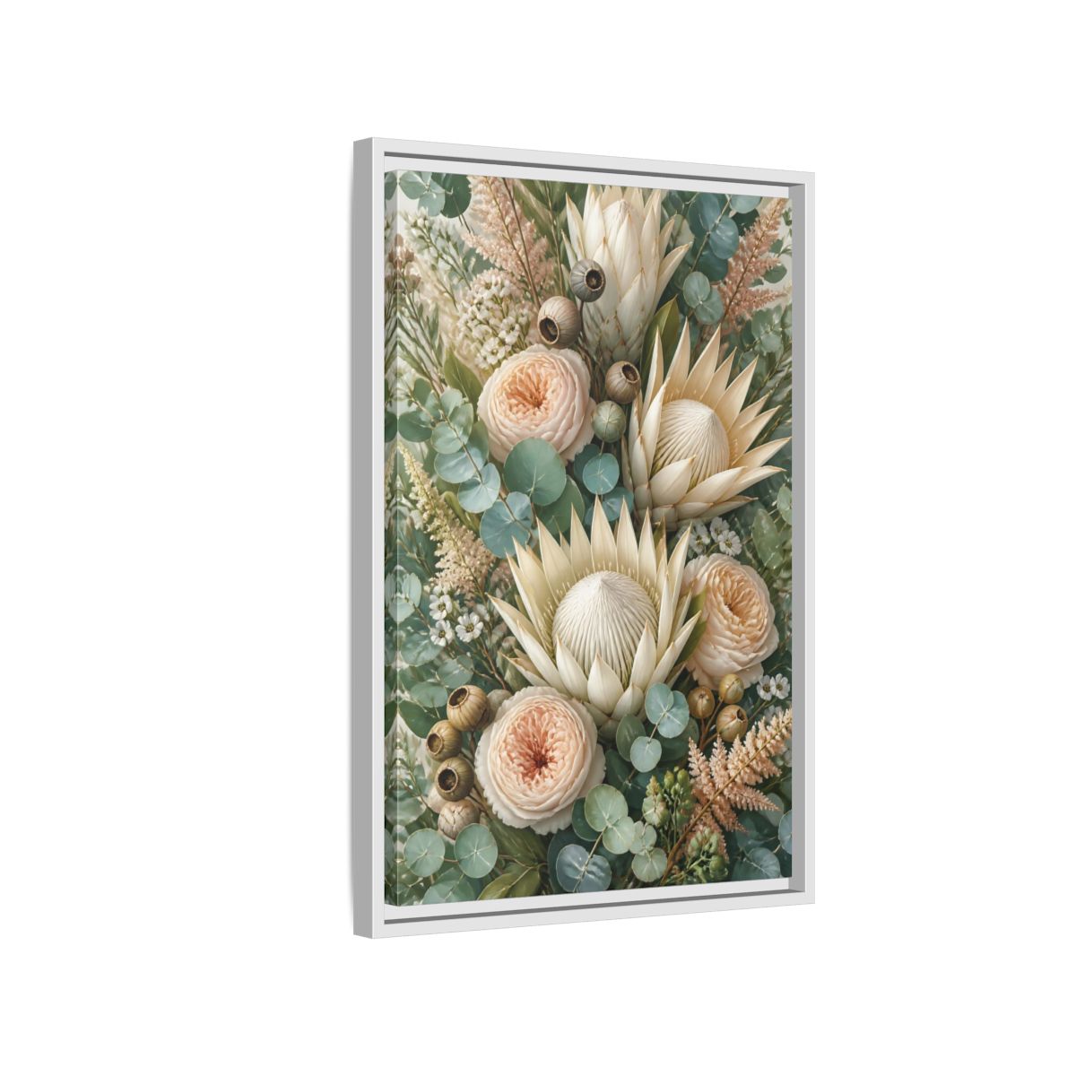 Side Mockup 1. Floral Protea Bouquet shown as framed canvas print