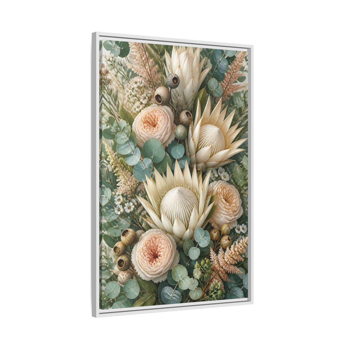 Side Mockup 9. Floral Protea Bouquet shown as framed canvas print