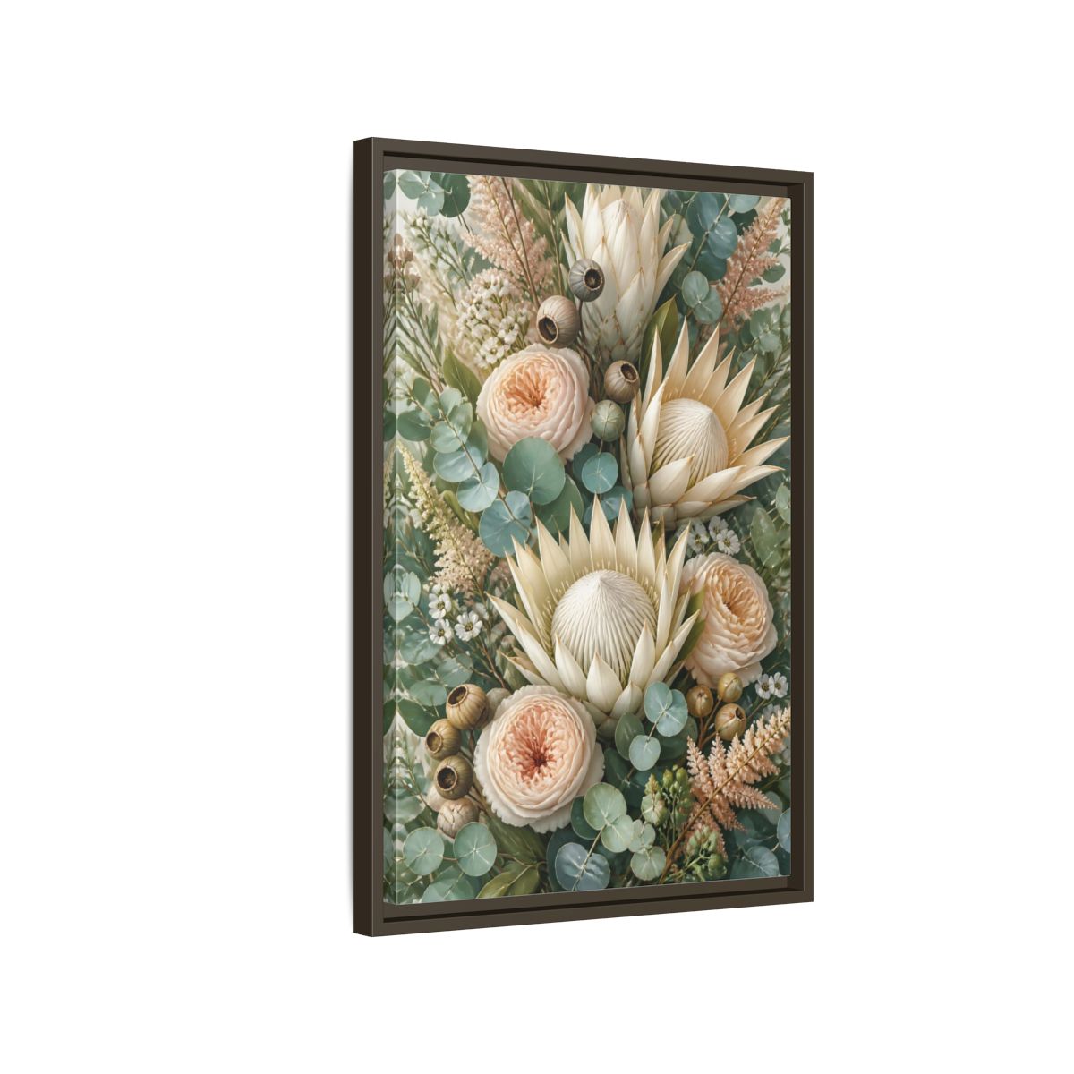 Side Mockup 2. Floral Protea Bouquet shown as framed canvas print