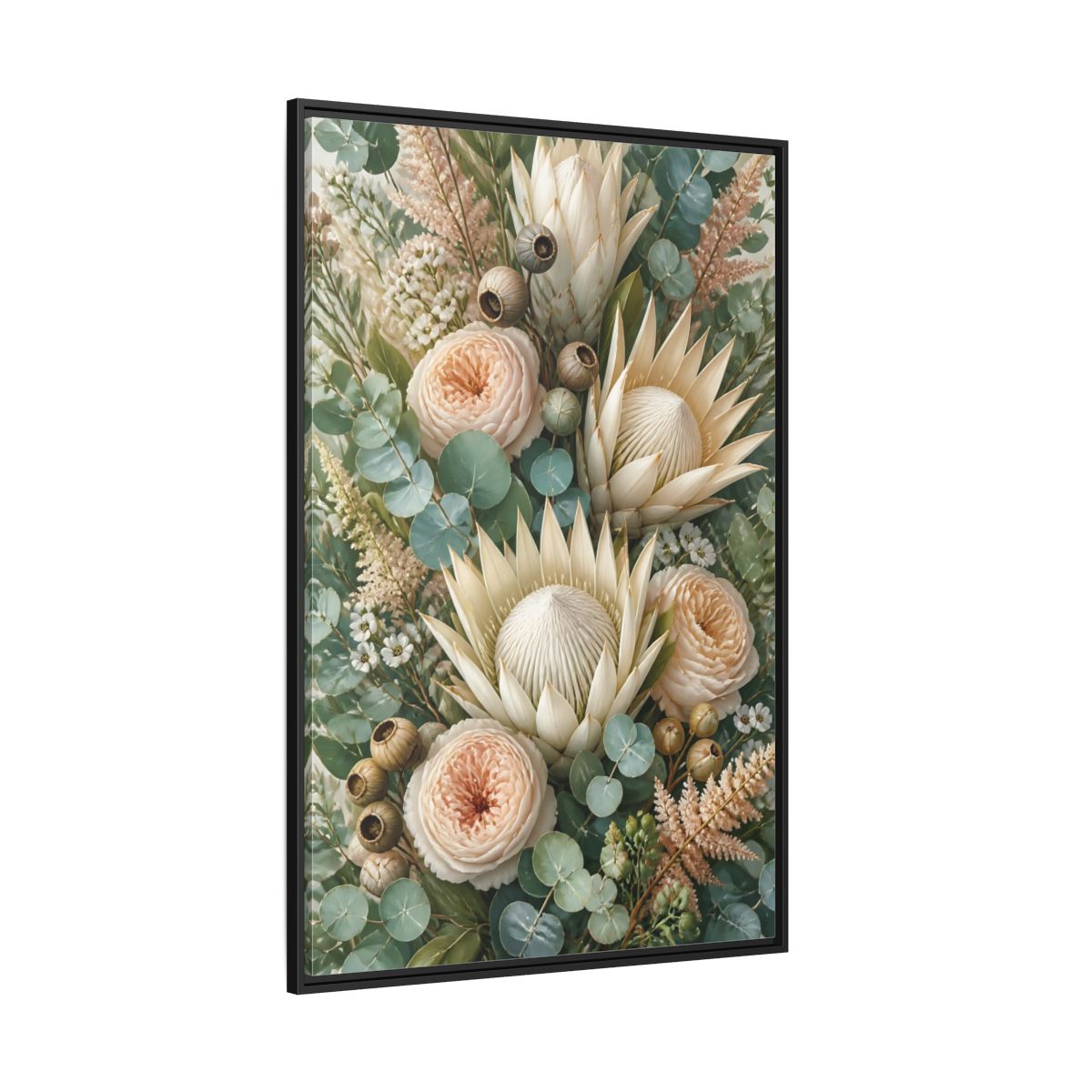 Side Mockup 12. Floral Protea Bouquet shown as framed canvas print