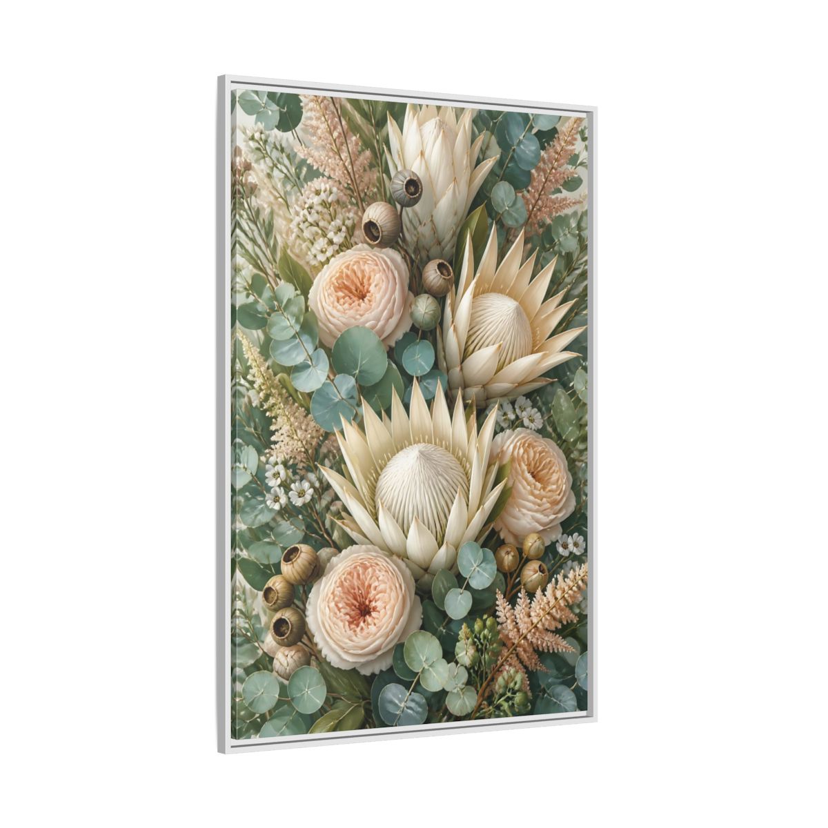 Side Mockup 7. Floral Protea Bouquet shown as framed canvas print