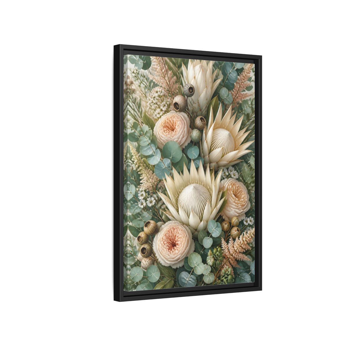 Side Mockup 3. Floral Protea Bouquet shown as framed canvas print