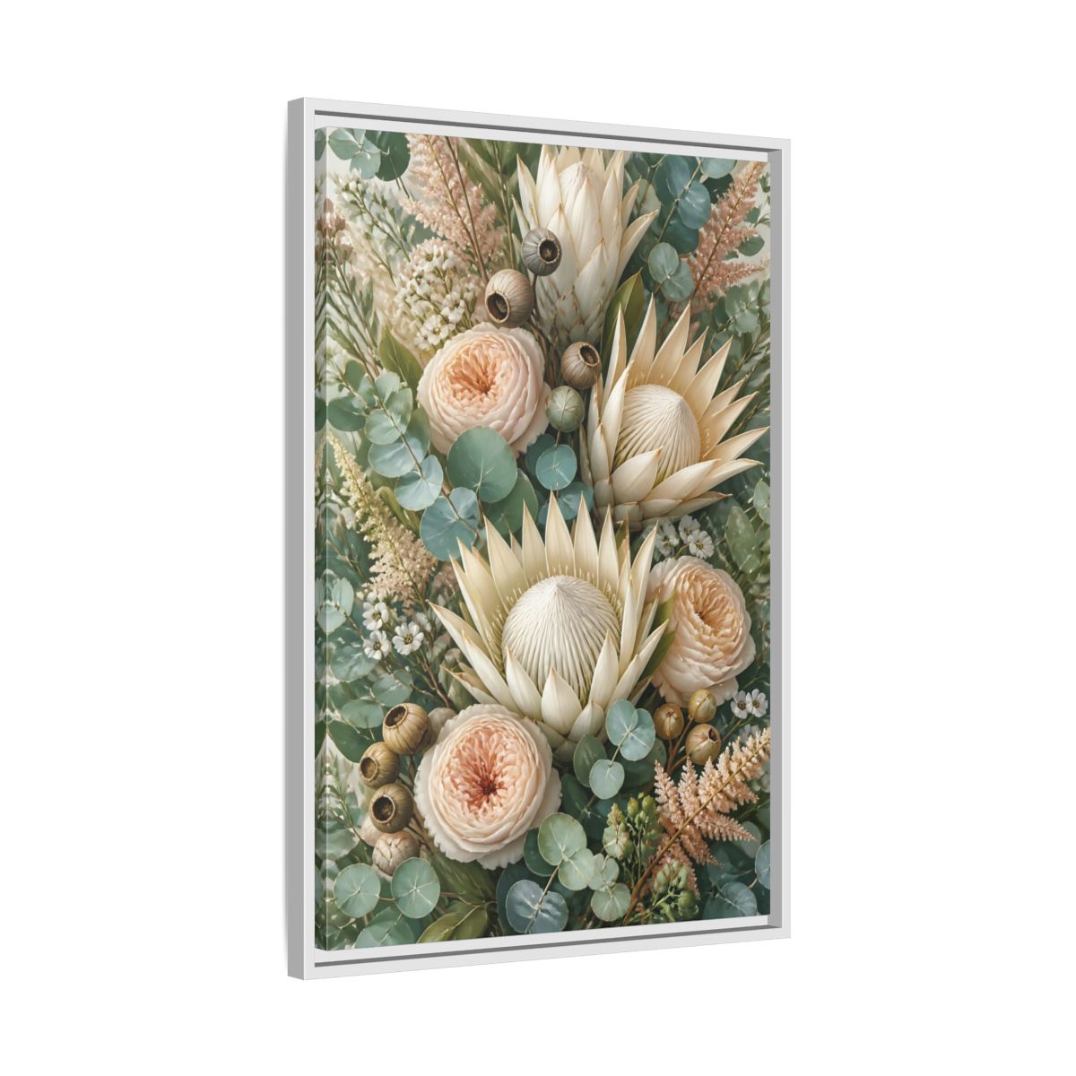 Side Mockup 10. Floral Protea Bouquet shown as framed canvas print