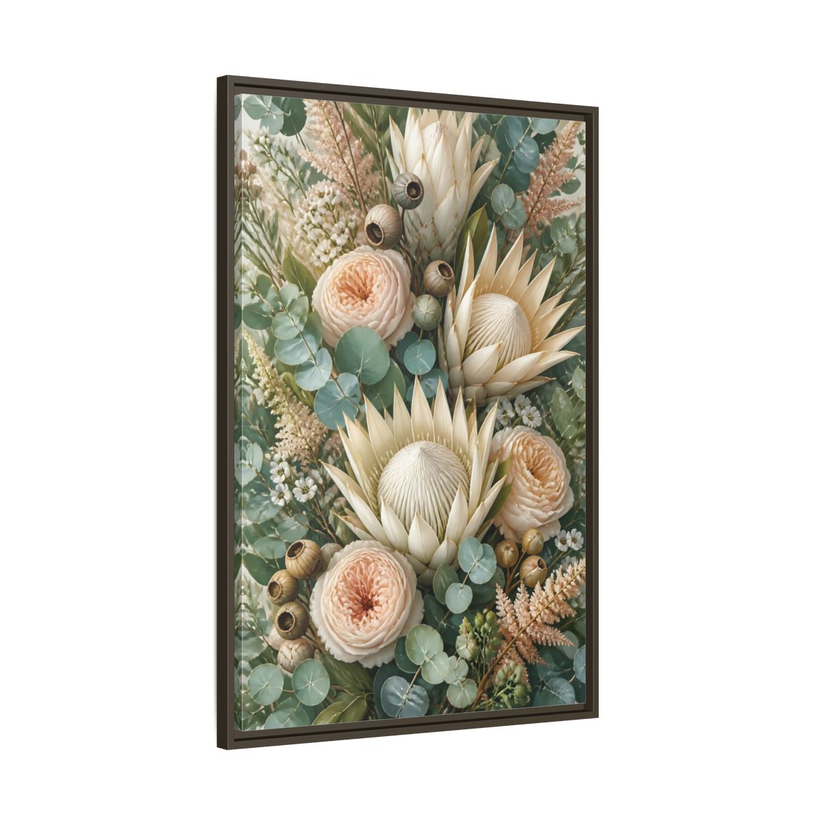 Main Mockup. Floral Protea Bouquet shown as framed canvas print