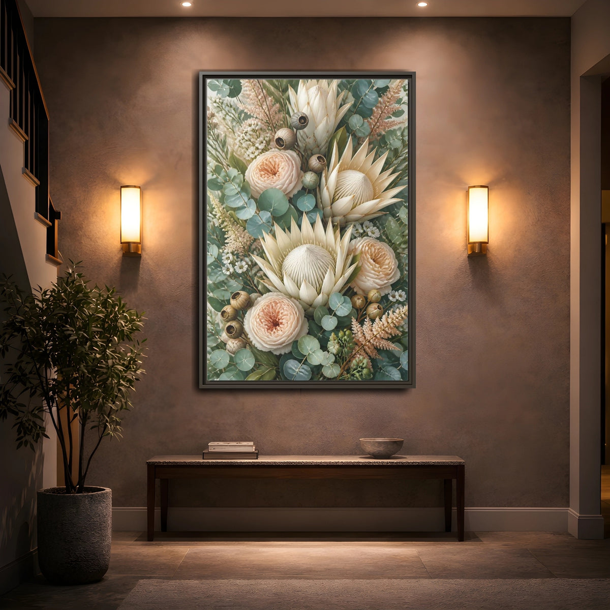 Mockup 2. Floral Protea Bouquet shown as framed canvas print