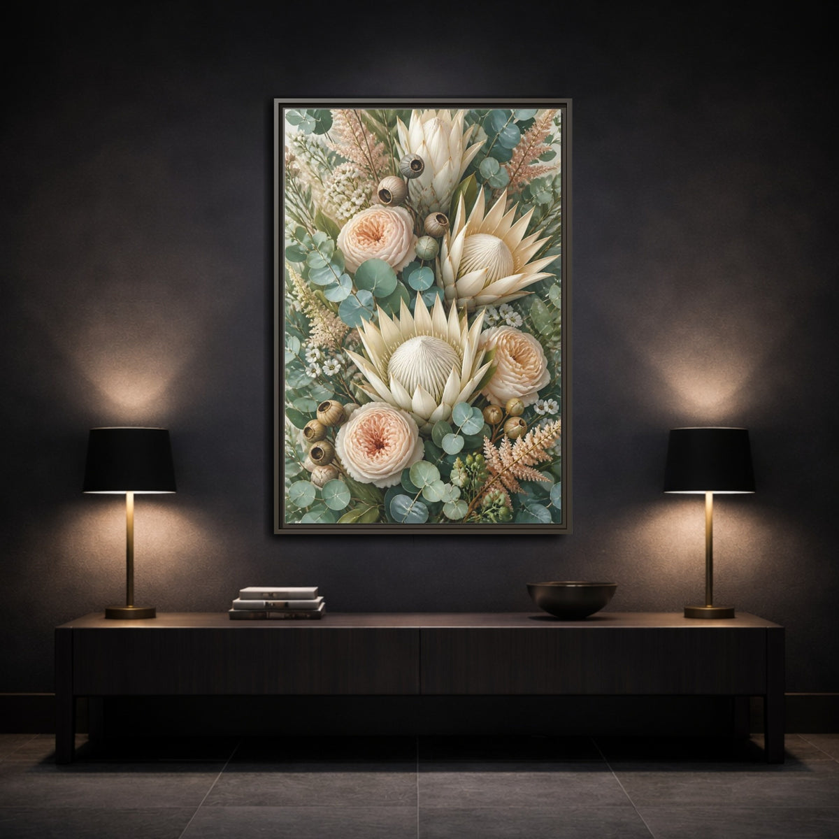 Mockup 3. Floral Protea Bouquet shown as framed canvas print