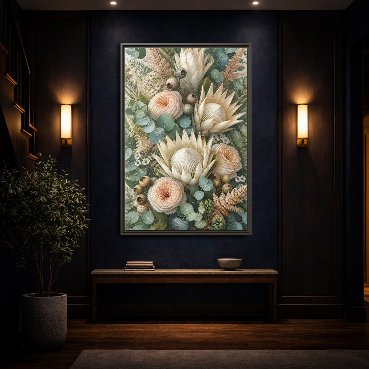 Mockup 4. Floral Protea Bouquet shown as framed canvas print