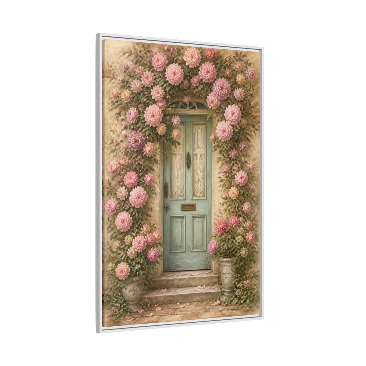 Side Mockup 7. Floral Rose Covered Blue Door shown as framed canvas print
