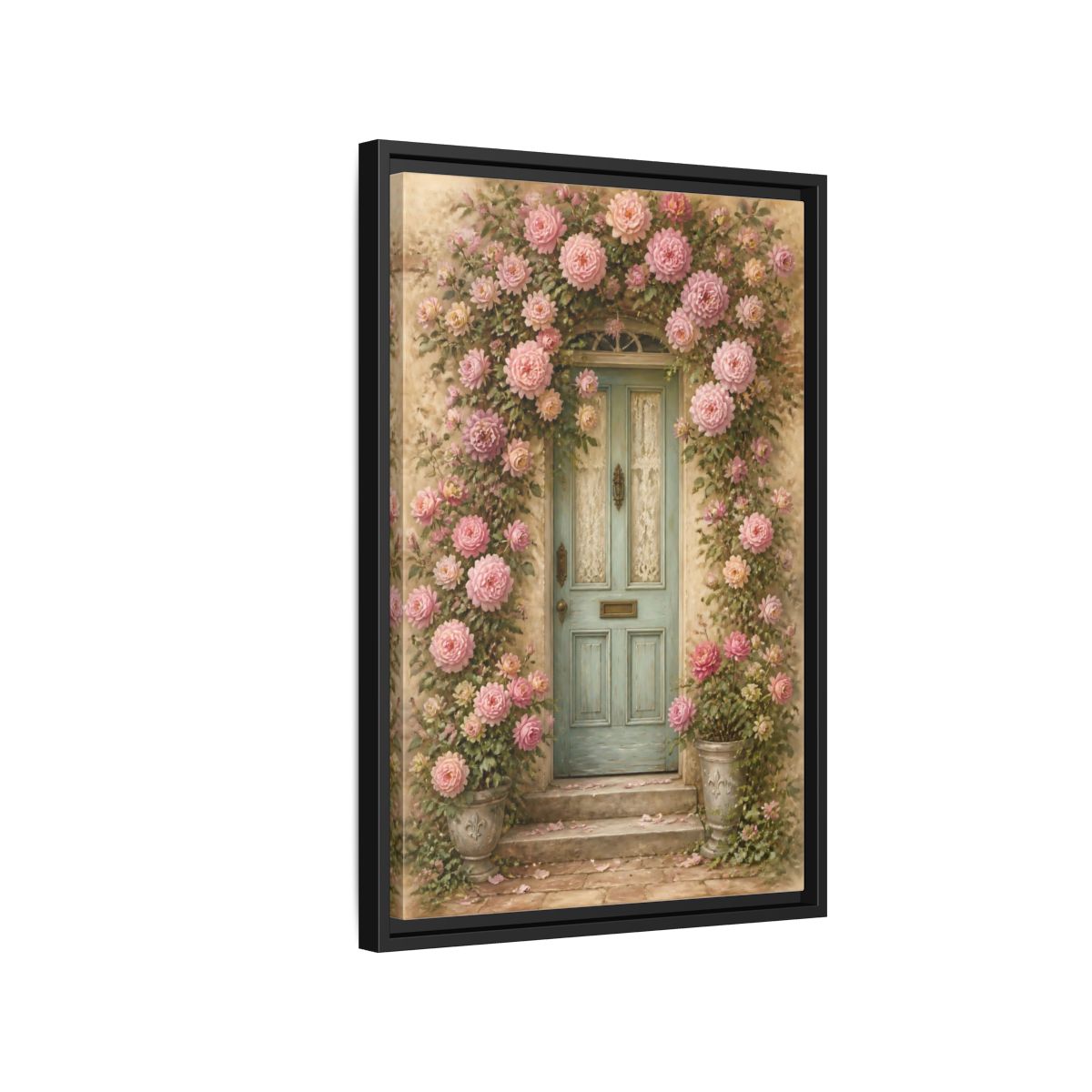 Side Mockup 3. Floral Rose Covered Blue Door shown as framed canvas print