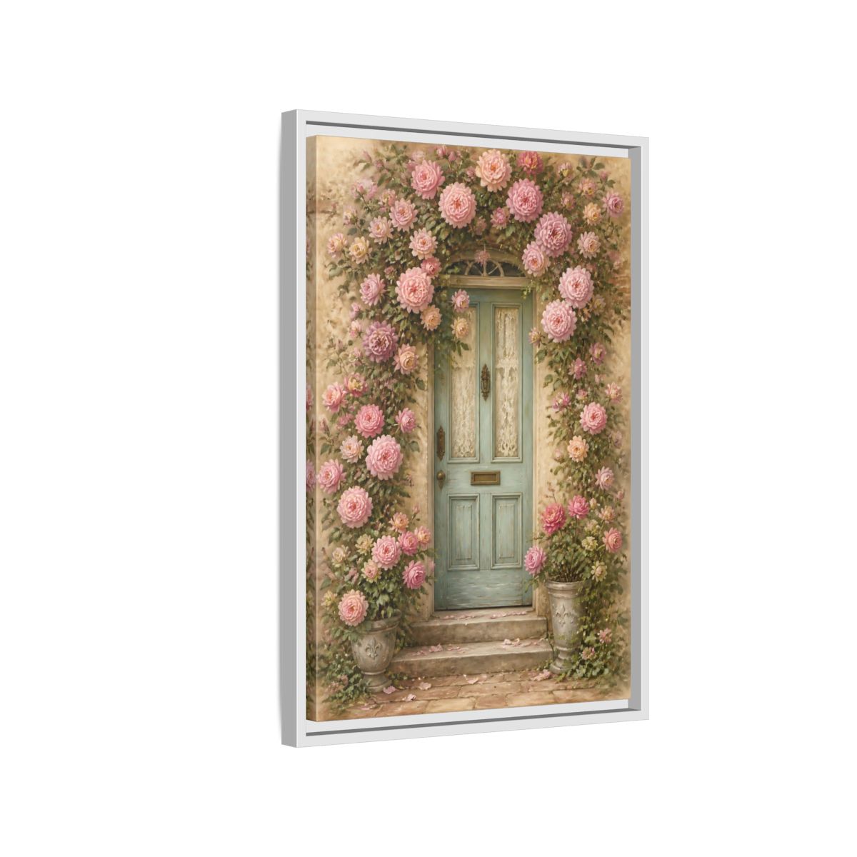 Side Mockup 1. Floral Rose Covered Blue Door shown as framed canvas print