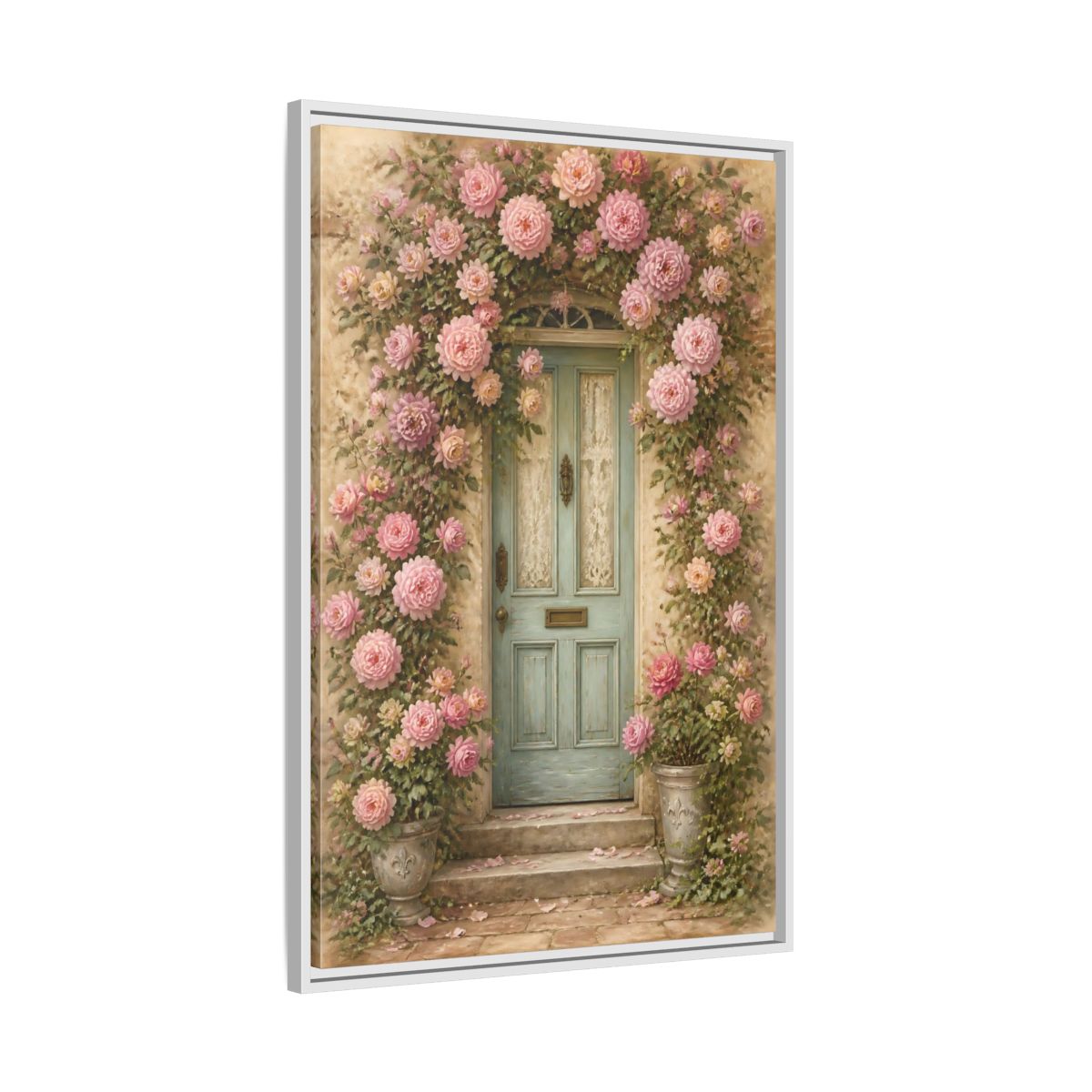 Side Mockup 9. Floral Rose Covered Blue Door shown as framed canvas print