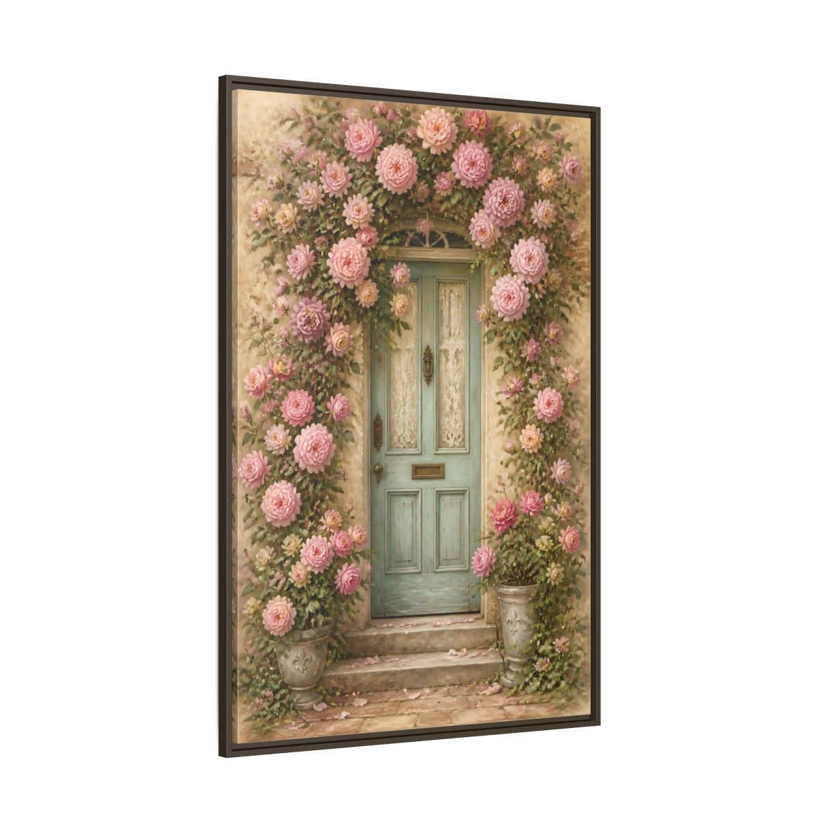 Side Mockup 8. Floral Rose Covered Blue Door shown as framed canvas print