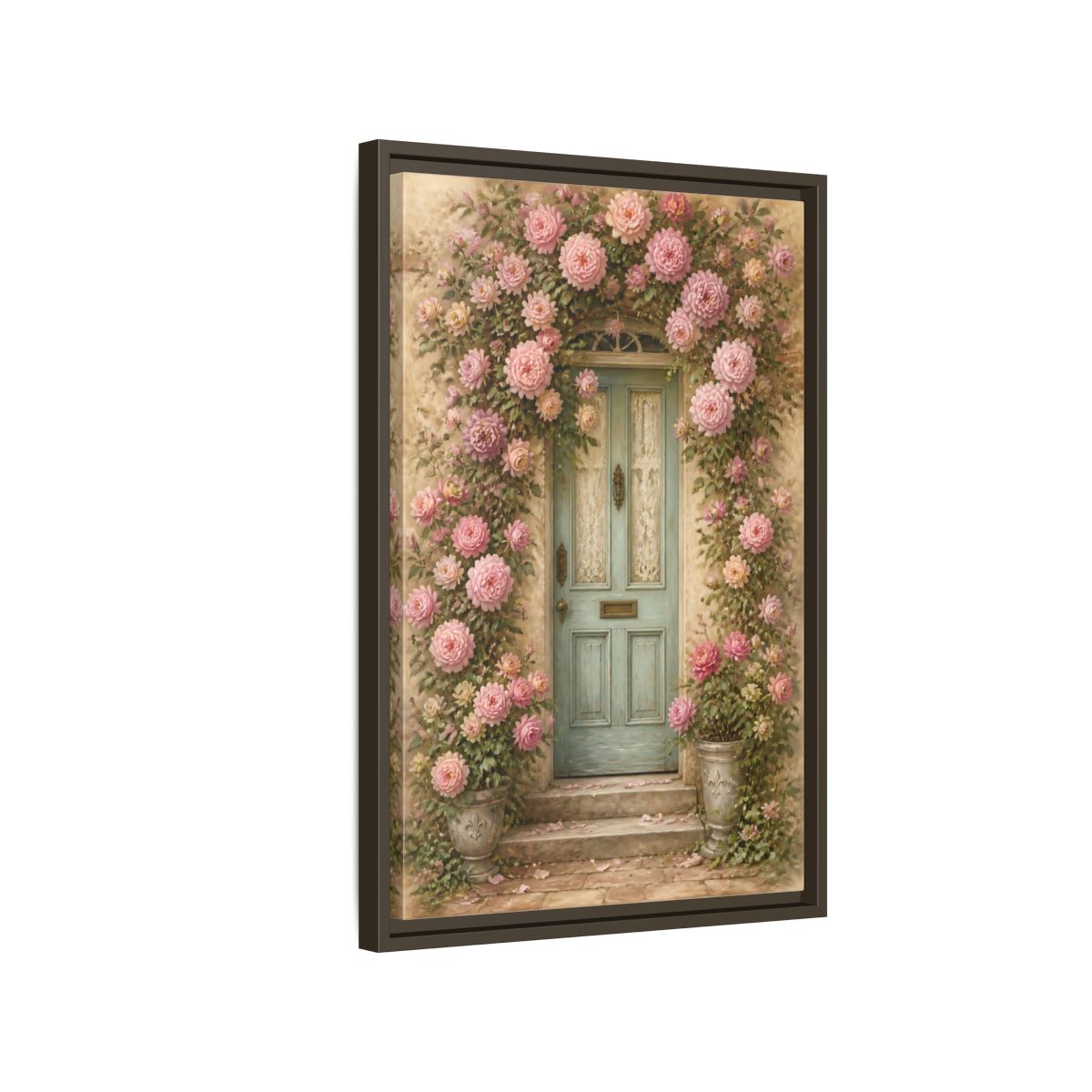 Side Mockup 2. Floral Rose Covered Blue Door shown as framed canvas print