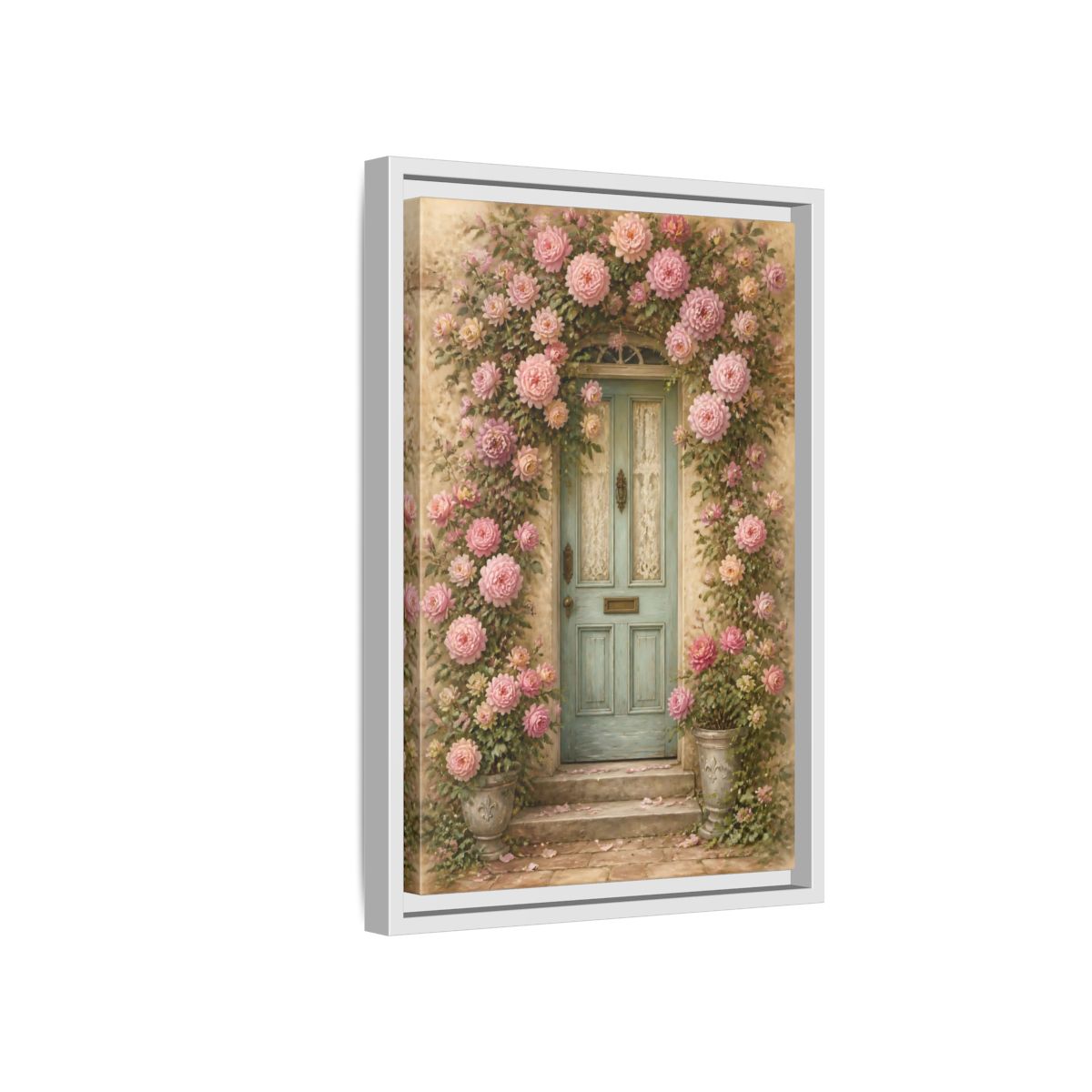 Side Mockup 4. Floral Rose Covered Blue Door shown as framed canvas print