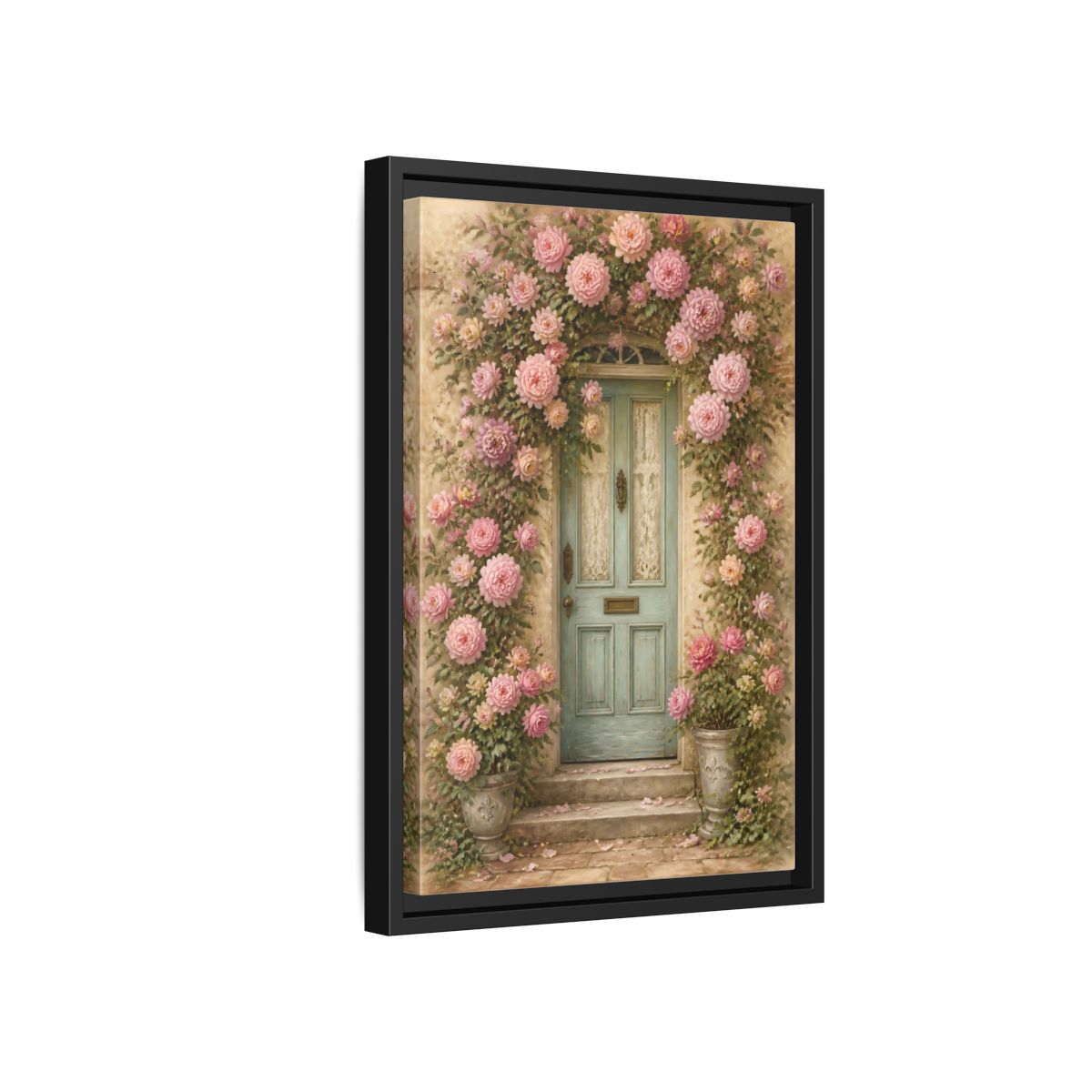 Side Mockup 6. Floral Rose Covered Blue Door shown as framed canvas print