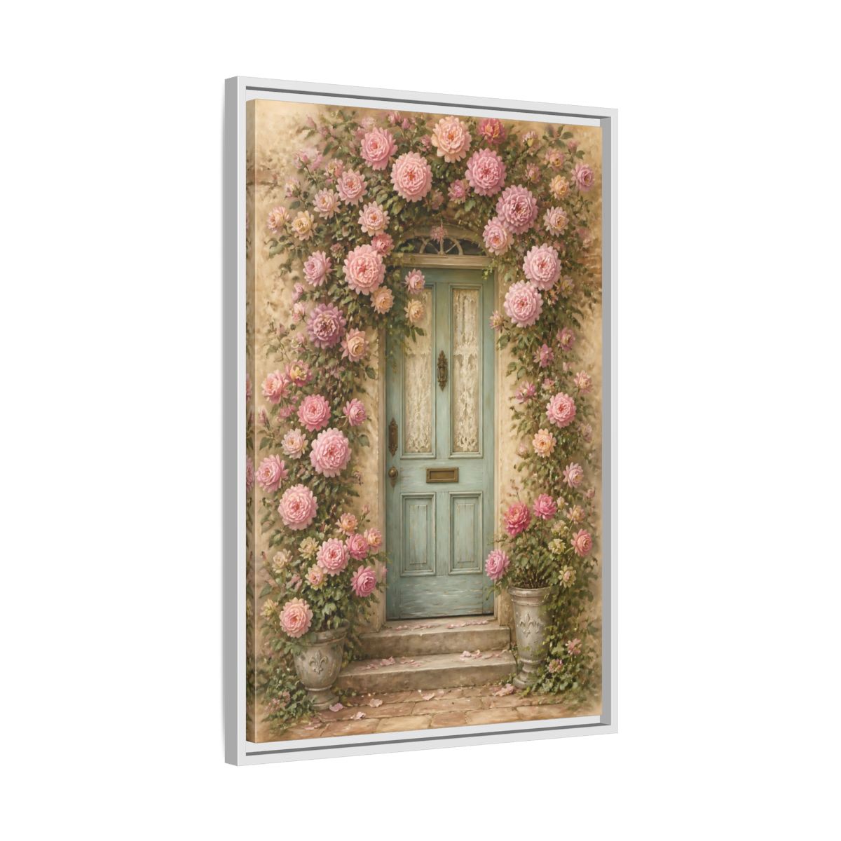 Side Mockup 10. Floral Rose Covered Blue Door shown as framed canvas print