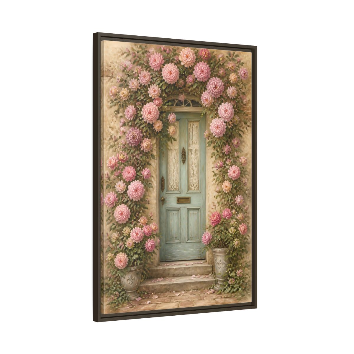 Main Mockup. Floral Rose Covered Blue Door shown as framed canvas print