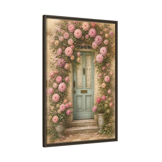 Main Mockup. Floral Rose Covered Blue Door shown as framed canvas print