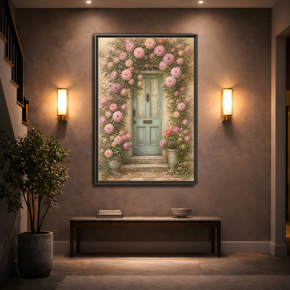 Mockup 2. Floral Rose Covered Blue Door shown as framed canvas print