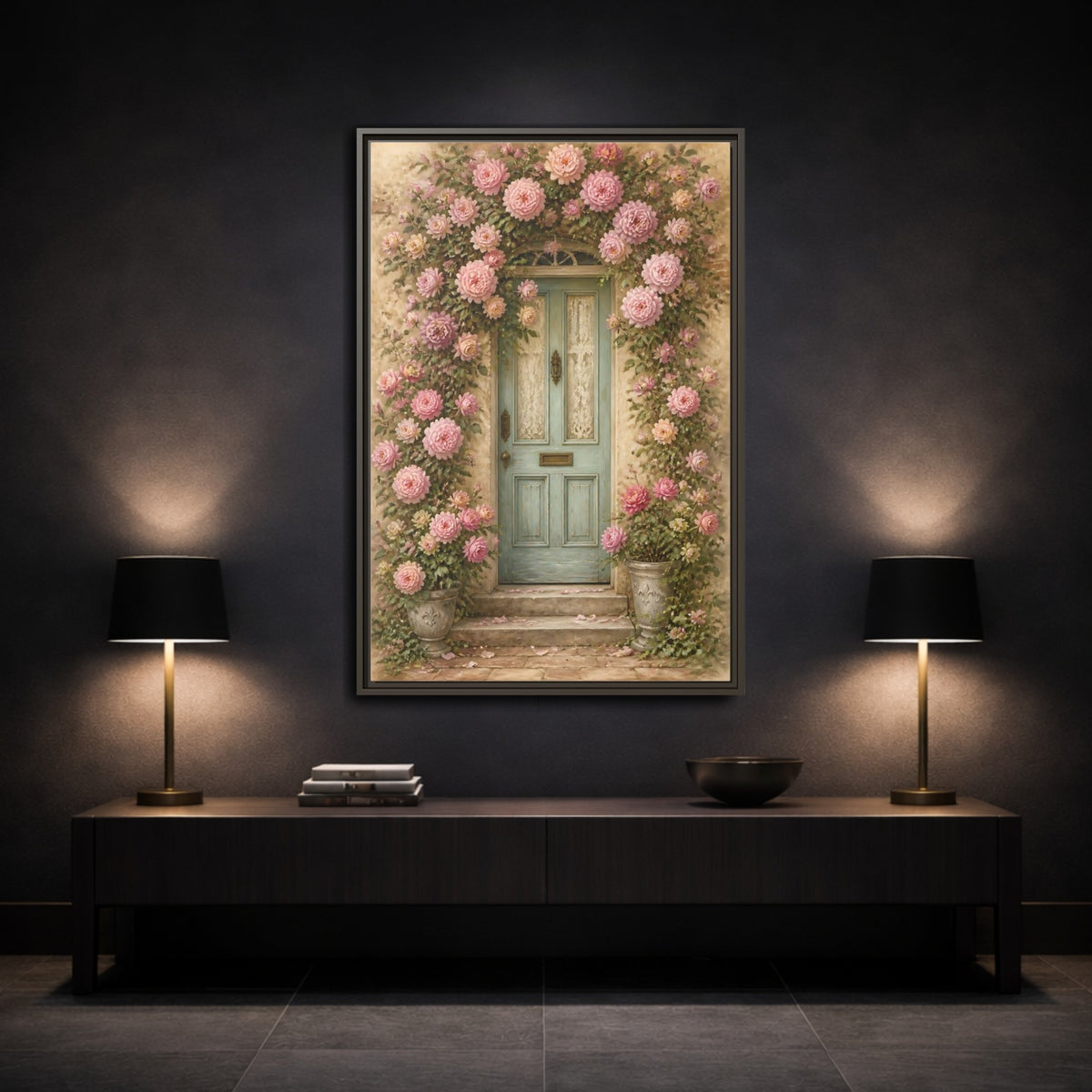 Mockup 3. Floral Rose Covered Blue Door shown as framed canvas print