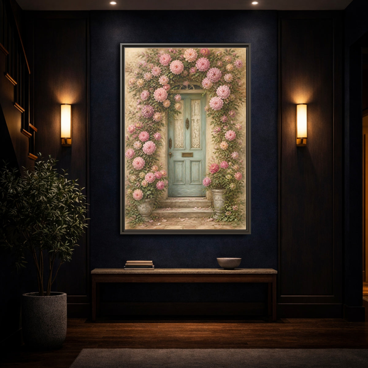 Mockup 4. Floral Rose Covered Blue Door shown as framed canvas print