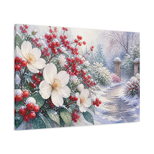 Main Mockup. Floral White Blossoms & Berries shown as canvas print